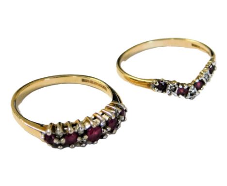 A 9ct gold and ruby graduated five stone ring, set with pairs of diamonds at intervals, size N, together with a 9ct gold ruby
