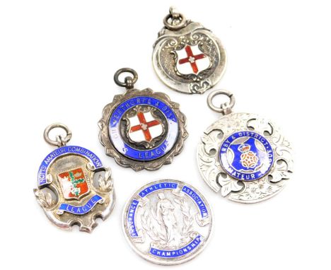 Five silver shield fobs, for the Notts Amateur Combination League, Culverthorpe and District League, Derby and District Amate