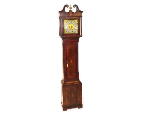 A Georgian oak and mahogany longcase clock by Andrews Knowles, square brass dial with four figural spandrels, the silvered ch