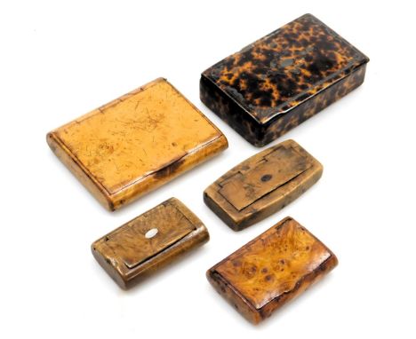 Three 19thC burr wood snuff boxes, a cigarette box, and a faux tortoise shell bound papier mache snuff box. (5)