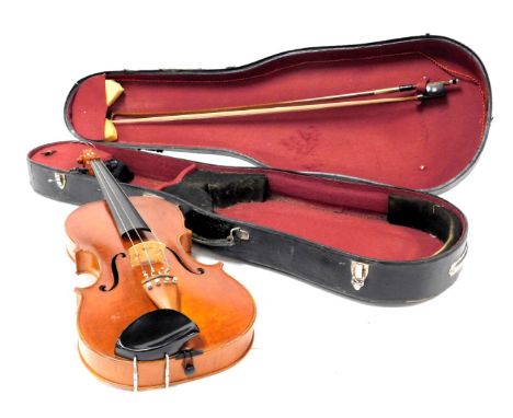 A viola, with a single piece back, with bow, cased.
