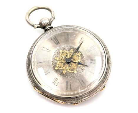 A late 19thC  silver pocket watch, with engine engraved floral case and vacant cartouche, with a silvered Roman numeric dial,