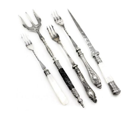 Five white metal toasting forks, comprising two with mother of pearl handles and silver collars, one with silver blade, lette