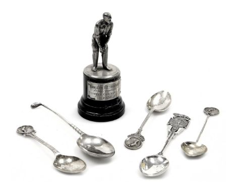 A group of golfing and sporting related silverware, comprising golfing teaspoons, Army Rifle Association teaspoon, 2.16oz, an