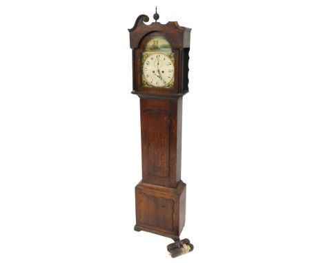 A Georgian oak longcase clock, the break arch dial painted with pastoral scenes, bearing Arabic numerals, subsidiary seconds 