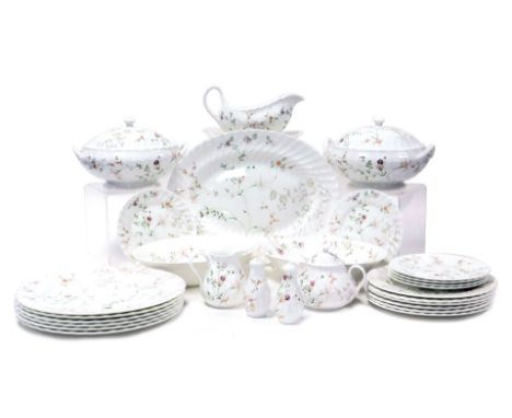 A Wedgwood porcelain Campion pattern part dinner service, comprising oval meat platter, two serving bowls, pair of vegetable 