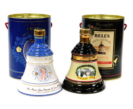Two Bell's commemorative Scotch Whisky decanters, with contents, comprising Christmas 1990, and The 90th Birthday of Her Maje