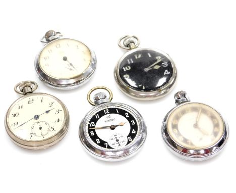 Five various silver plated and other pocket watches, comprising a Smiths Empire stainless steel case, an Ingersoll Triumph, a