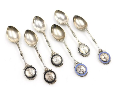 A set of six George V silver and enamel teaspoons, with terminals embossed with a hunter with gun, Birmingham 1913, 4.14oz. 