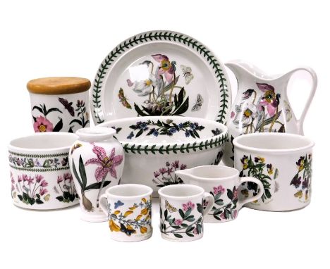 A group of Portmeirion Botanic Garden pottery, including a wash jug and bowl, storage jar, and two small jardinieres. (a quan