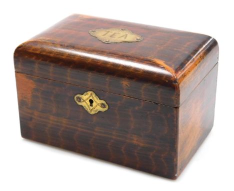 A Victorian faux rosewood tea caddy, with a brass escutcheon engraved 'Tea', opening to reveal twin lidded compartments, 18cm