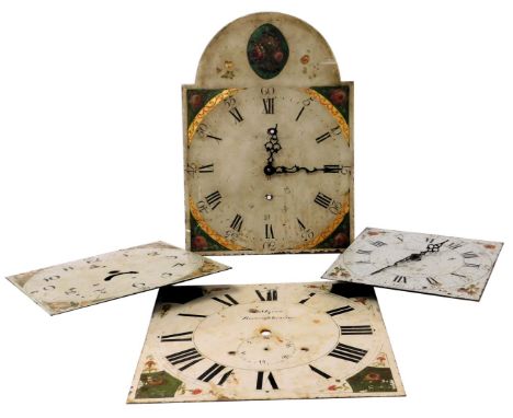 Four 19thC enamelled tin longcase clock dials, one named for R Loxall, Godalming, another for Myers, Boroughbridge. 