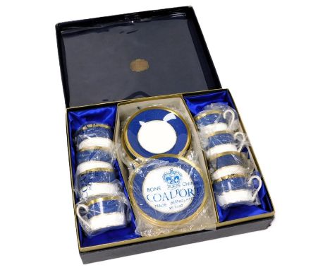 A Coalport porcelain Athlone-Blue pattern coffee set, comprising eight coffee cups, saucers and plates, boxed.