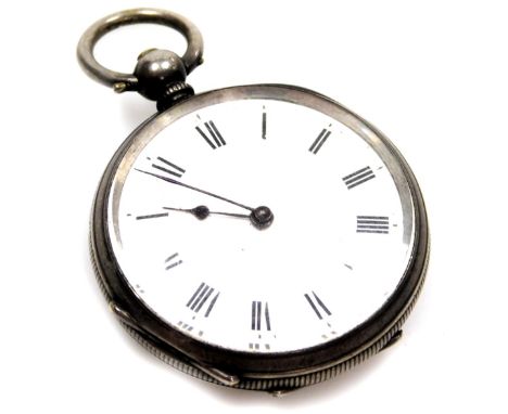 A 19thC pocket watch, with white enamel Roman numeric dial, with blue hands, engine engraved floral case, key wind, white met