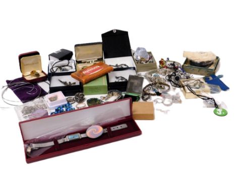 Silver and costume jewellery, including a silver bangle, two silver floral brooches, Scandinavian silver and enamel long ship