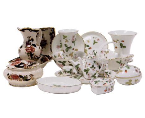 A group of Wedgwood porcelain Wild Strawberry pattern, including a miniature tea and coffee service, heart shaped box and cov