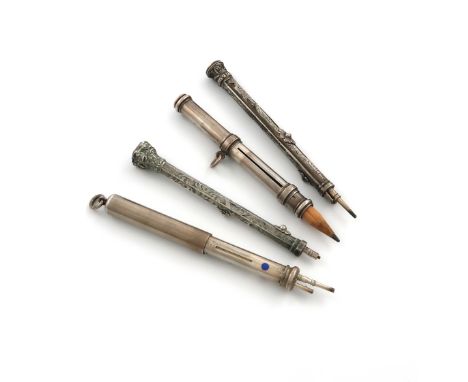 A small mixed lot of four silver pencils, comprising: a three-colour pencil, by Houghton and Gunn, cylindrical form, slide ac
