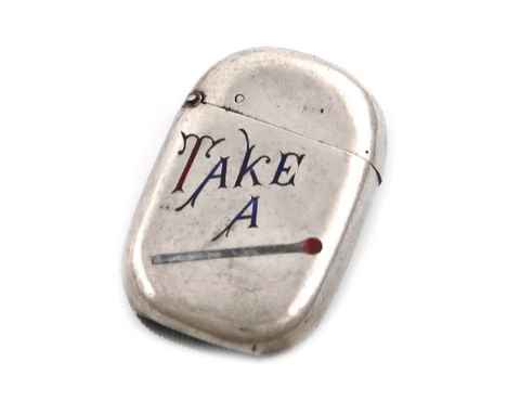 A Victorian silver and enamel vesta case, by Joseph Fray, Chester 1887, rounded rectangular form, the front enamelled 'Take A