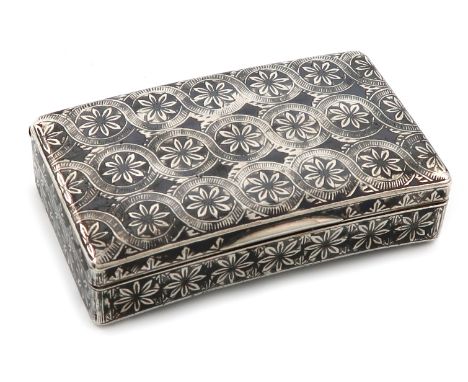 A 19th century Russian silver and niello work snuff box, assay master I. Avdeyev, Moscow circa 1860, shaped rectangular form,