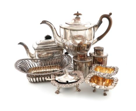 A mixed lot of old Sheffield plated and electroplated items, comprising: a coffee pot, on a raised oval foot, a teapot, a wir