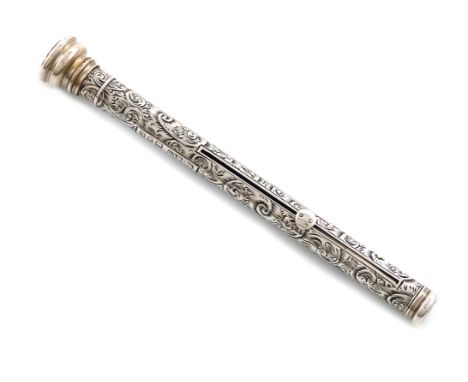 A Victorian combination silver pen and pencil, by S. Mordan and Co., London 1898, cylindrical form, engraved foliate scroll d