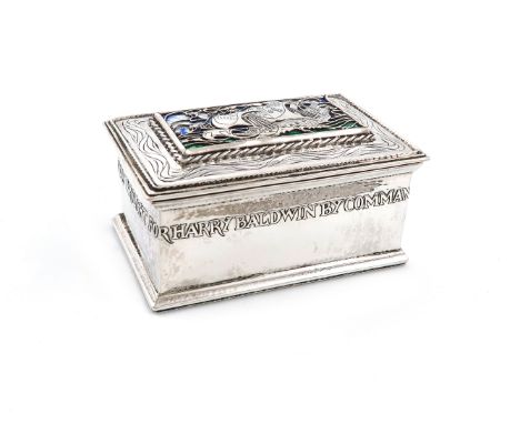 By Omar Ramsden and Alwyn Carr, an Arts and Crafts silver and enamel cigarette casket, London 1914, also engraved 'OMAR RAMSD