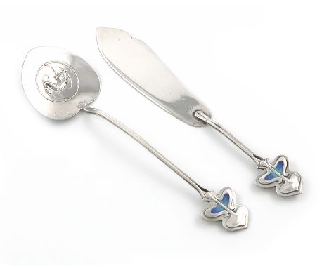 By R W Hewett &amp; Co., An Edwardian Art Nouveau silver and enamel butter knife and jam spoon, Birmingham 1905, the stylised