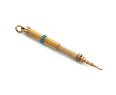 A Victorian 18 carat gold propelling pencil, by S. Mordan and Co, cylindrical form, set with a row of turquoise and two rows 