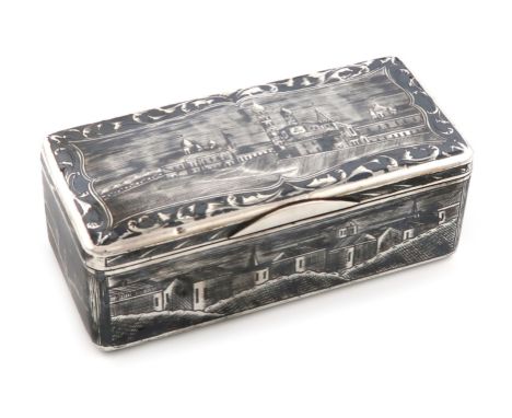 A 19th century Russian silver and niello work snuff box, assay master A. Kovalskiy, Moscow 1852 rectangular form, the cover, 