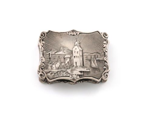 A Victorian silver engraved vinaigrette, by Nathaniel Mills, Birmingham 1845, rectangular form, engraved with a town scene wi