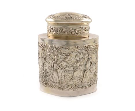 A German silver tea caddy, probably Hanau, circa 1900, shaped oval form, embossed with Rococo figural scenes, pull-off cover,