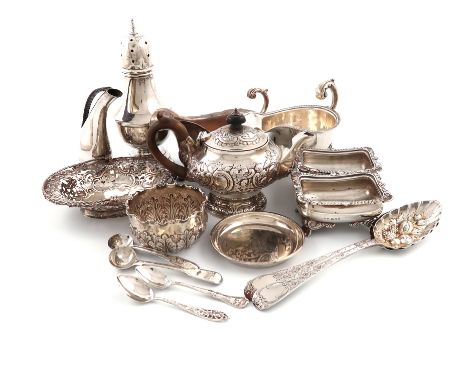 A mixed lot of silver items, various dates and makers, comprising: two sauce boats, a sugar caster, a small teapot, a basket,