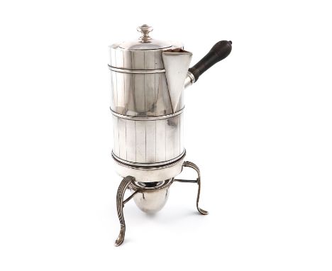 A George III silver coffee biggin and stand with burner, by James Young, London 1791, cylindrical form, turned baluster woode