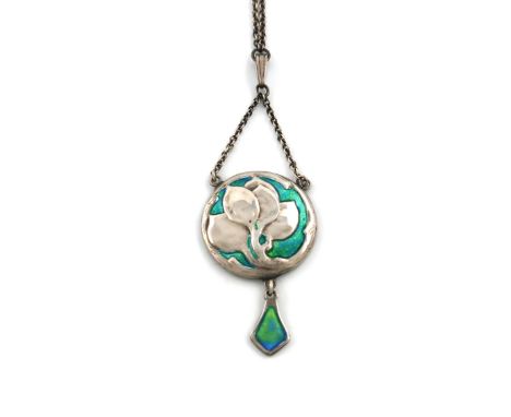 By William Hutton and Sons, an Edwardian silver and enamel pendant, Birmingham 1902, circular form, with a central foliate mo