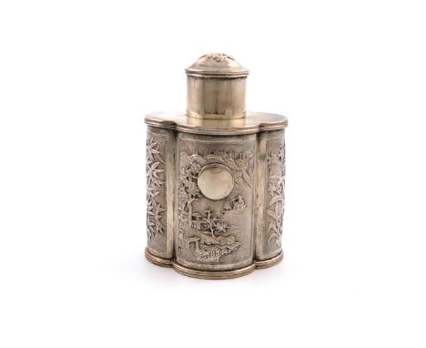 A Chinese silver tea caddy, maker's mark of WA, lobed oval cylindrical form, with panels of foliate decoration on a matted ba