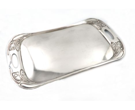 After a design by Archibald Knox, an Art Nouveau electroplated two-handled tray, marked EPNS and with a maker's mark of three
