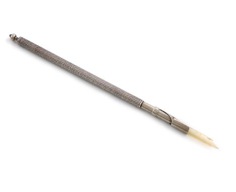 A silver dip pen, marks worn, maker possibly S.H, engine-turned decoration, with a Bramah type quill holder, baluster finial,