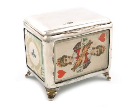 A late-Victorian silver playing cards box, by Grey and Co, London 1899, rectangular form, plain silver mounts, the sides set 
