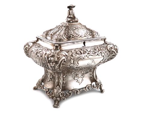 A William IV Scottish silver tea caddy, probably by John McKell, Glasgow 1834, rectangular bombé form, embossed with pagodas 