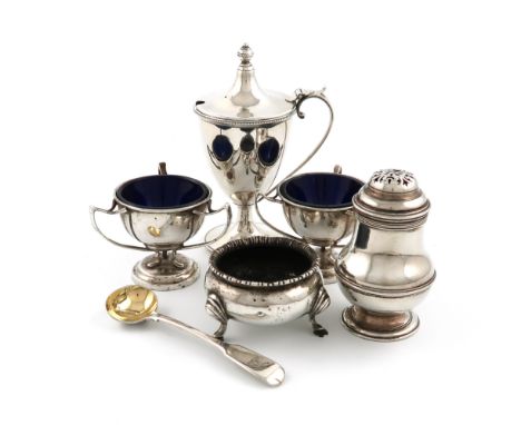 A mixed lot of silver items, various dates and makers, comprising: a mustard pot, by Holland, Aldewinckle and Slater, London 