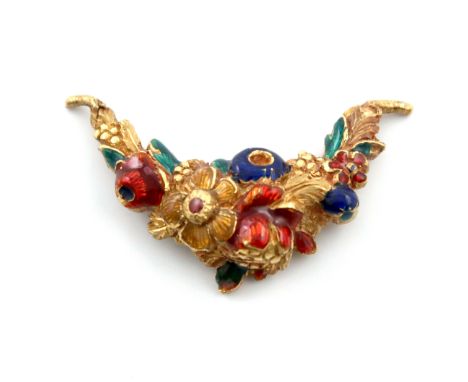 A gold and enamel hanging ornament, unmarked, modelled as a foliate swag with vari-coloured enamel decoration, length 3.7cm, 