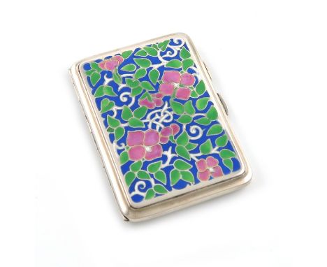 By Bernard Instone, an Arts and Crafts silver and enamel cigarette case, Birmingham 1930, rectangular form, enamelled with tr