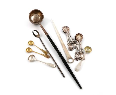 λA mixed lot of flatware, comprising silver items: a Scottish meat skewer, by J. McKay, Edinburgh 1821, a George II punch lad