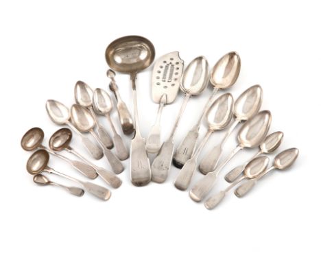 An early 19th century Scottish provincial silver Fiddle pattern part canteen, by George Booth, Aberdeen circa 1820, the termi