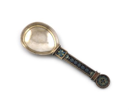 A Norwegian silver-gilt and plique-a-jour enamel spoon, by J. Tostrup, Oslo, fig-shaped bowl, with engraved decoration, the h