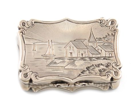 A Victorian silver engraved vinaigrette, by Nathaniel Mills, Birmingham 1846, rectangular form, scroll borders, engraved with