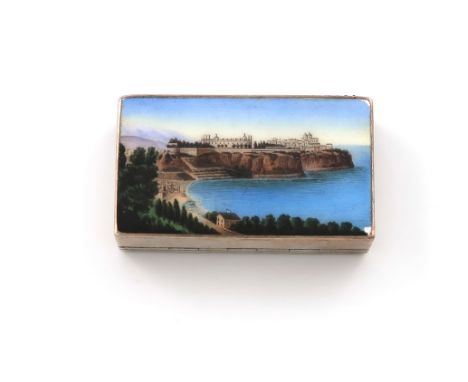 An Austrian silver and enamel vesta box, by G .A. Scheid, Vienna, rectangular form, the hinged cover enamelled with a 1st cla