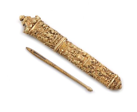 A 19th century French gold needle case, maker's mark of PO in a lozenge, tapering form, embossed with Chinoiserie figures pla