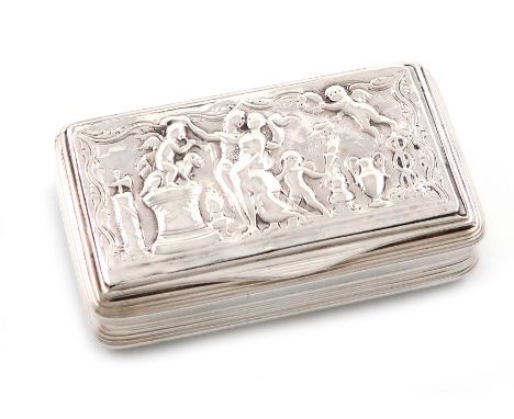 A George III silver snuff box, by William Purse, London 1806, rectangular form, the hinged cover with a raised classical scen