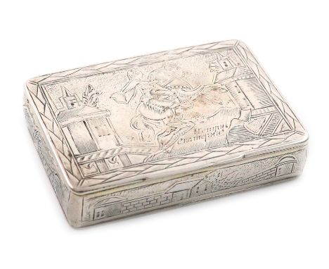 A 19th century Russian silver snuff box, Moscow, date rubbed, maker's mark possibly that of I. Kaltykov, rectangular form, wi